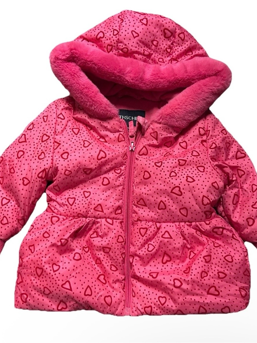 Toddler Girl Rothschild Pink Winter Puffer Jacket Hearts Dots Size 12-18 Months